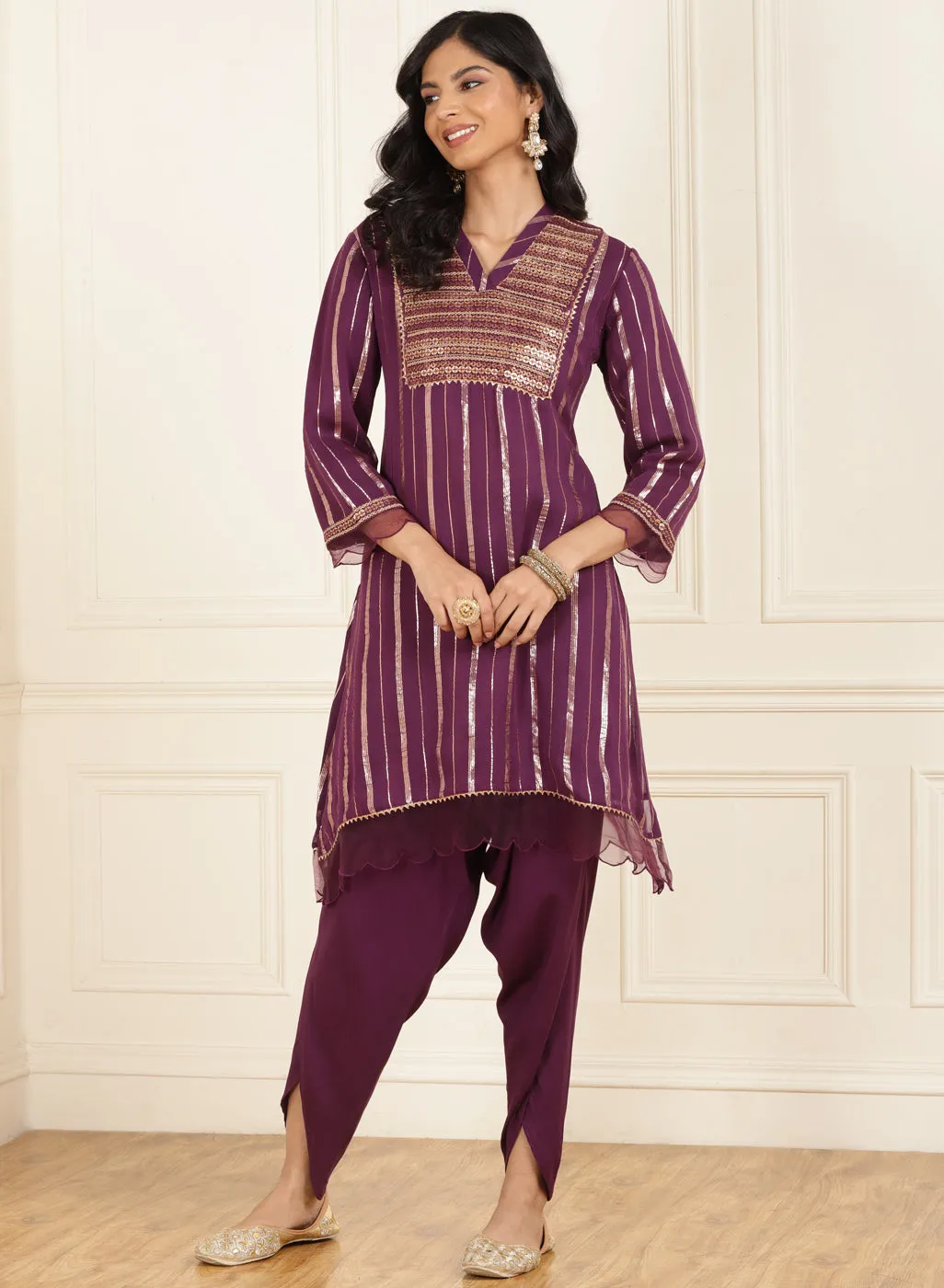 Purple Yellow Co-ord Set with Sequin Work Kurta and Dhoti