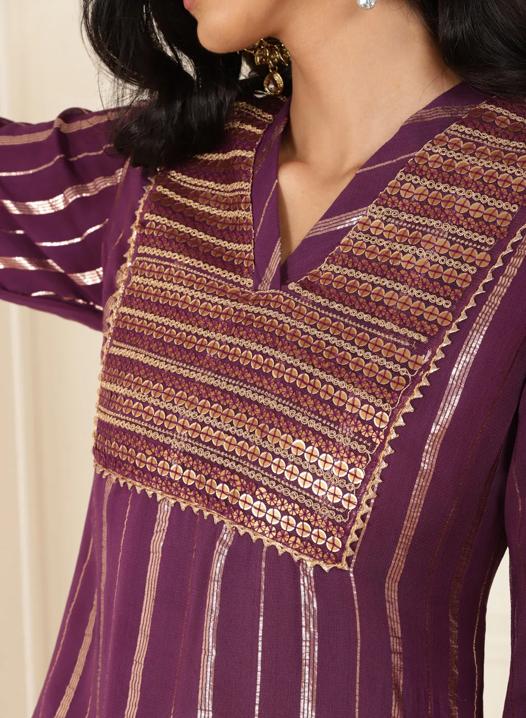 Purple Yellow Co-ord Set with Sequin Work Kurta and Dhoti