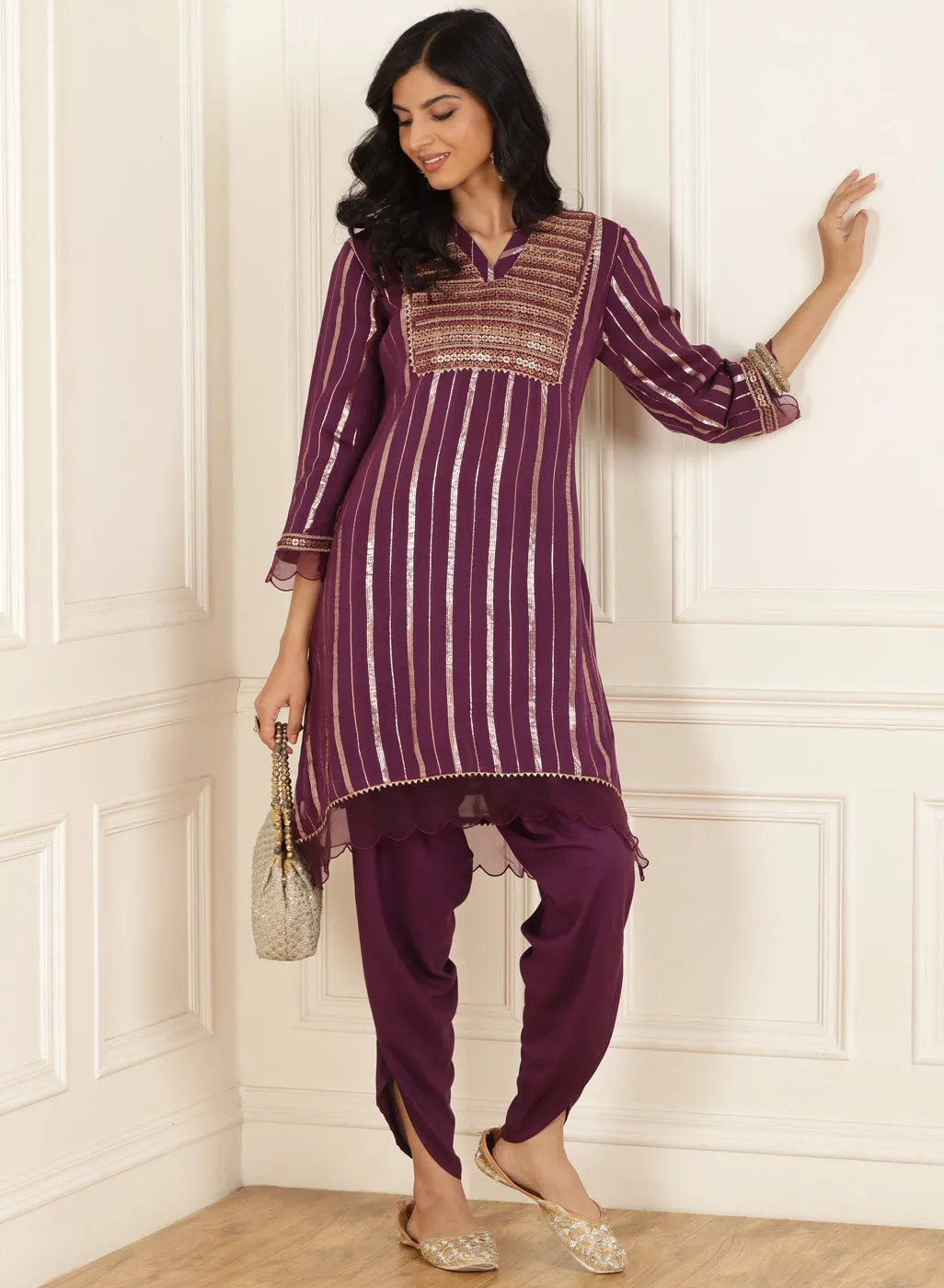 Purple Yellow Co-ord Set with Sequin Work Kurta and Dhoti