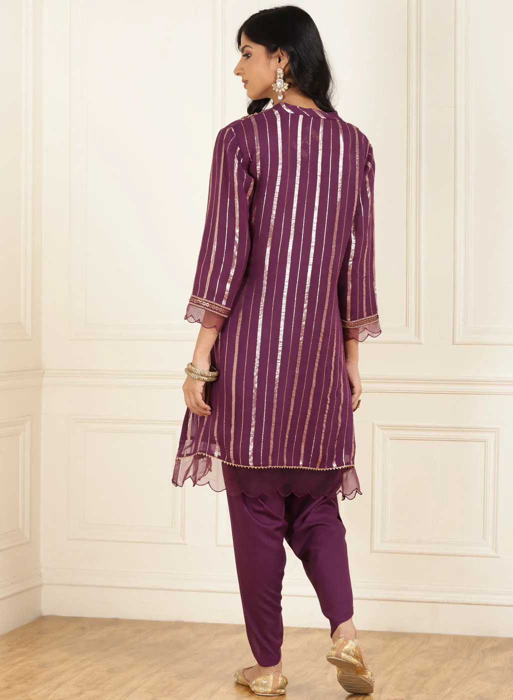 Purple Yellow Co-ord Set with Sequin Work Kurta and Dhoti