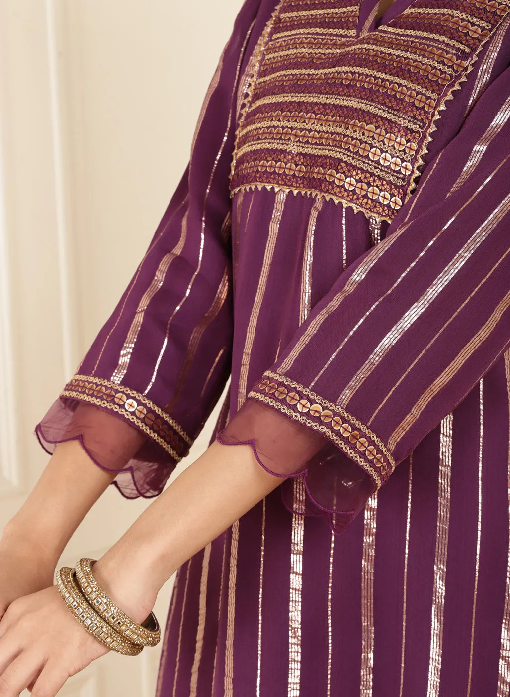 Purple Yellow Co-ord Set with Sequin Work Kurta and Dhoti