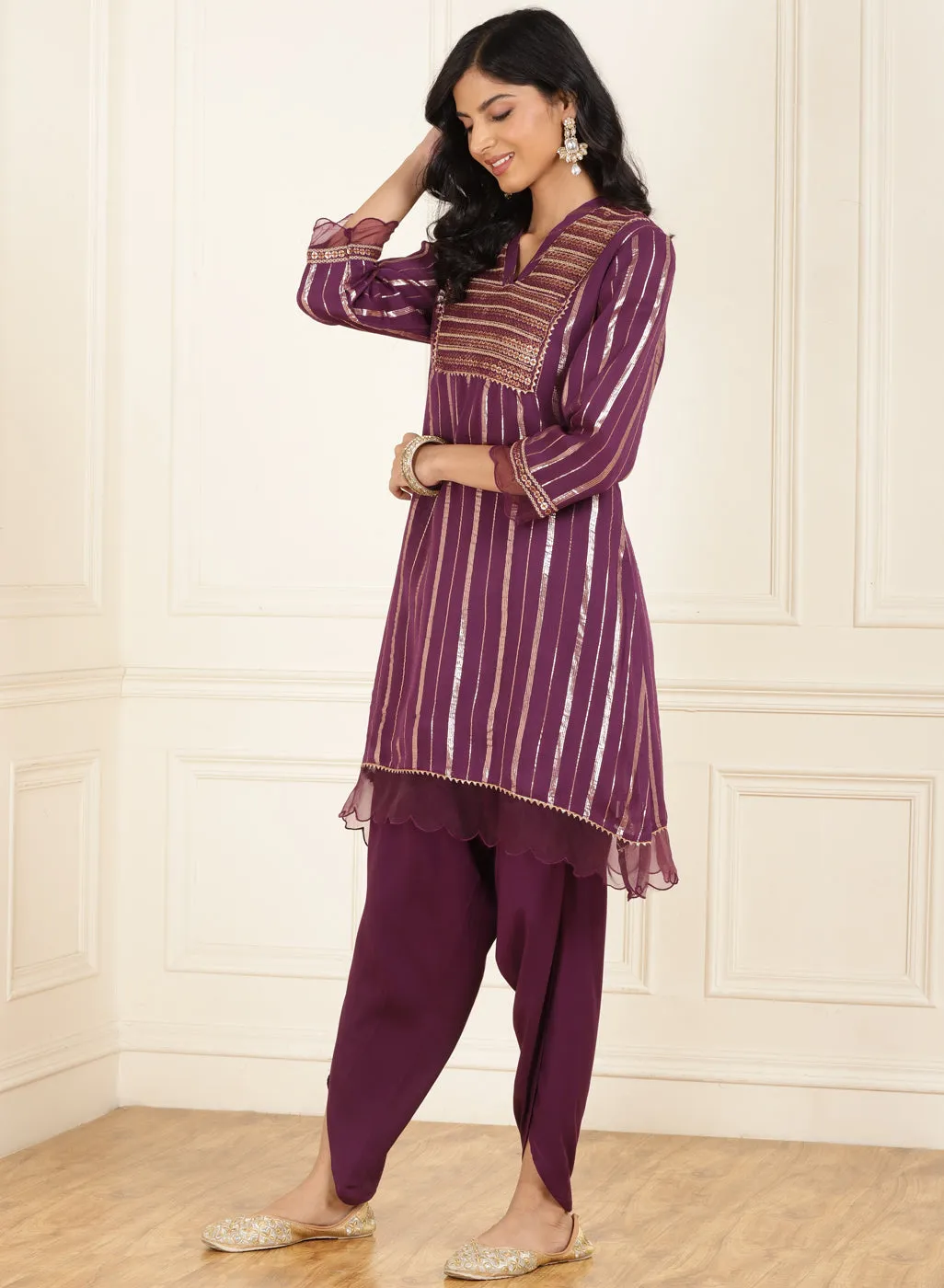 Purple Yellow Co-ord Set with Sequin Work Kurta and Dhoti