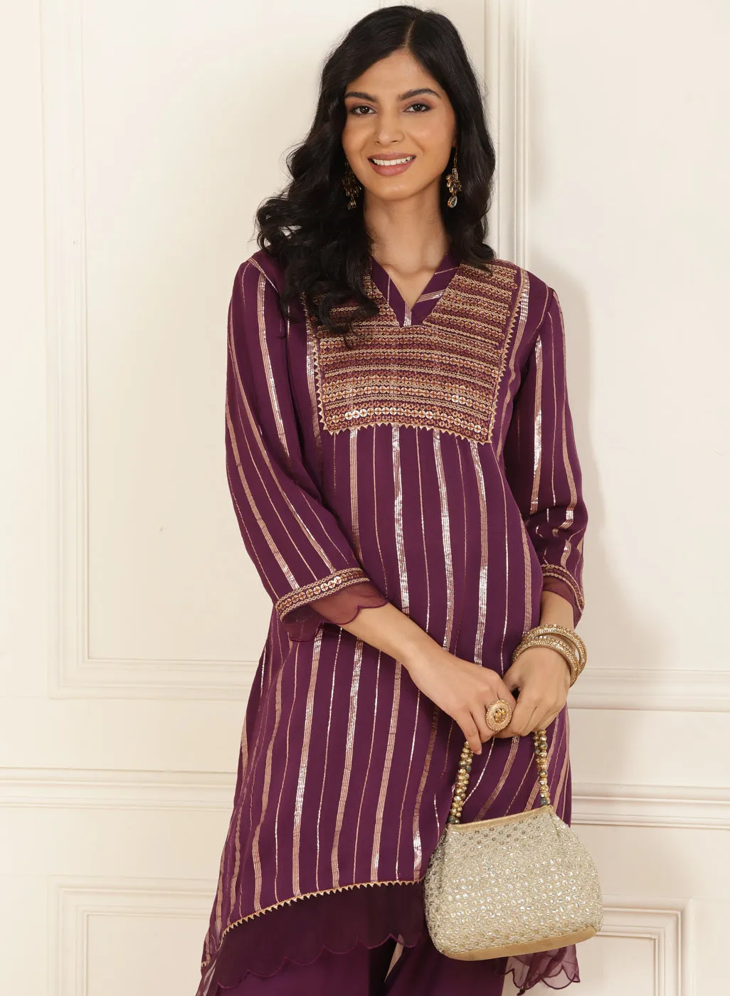 Purple Yellow Co-ord Set with Sequin Work Kurta and Dhoti