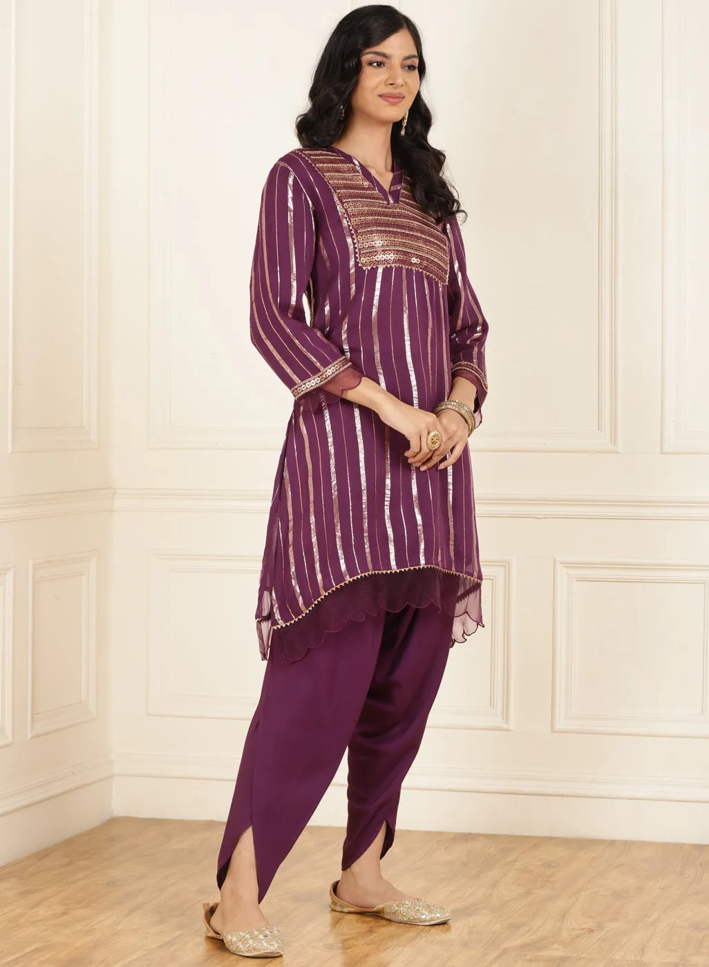 Purple Yellow Co-ord Set with Sequin Work Kurta and Dhoti