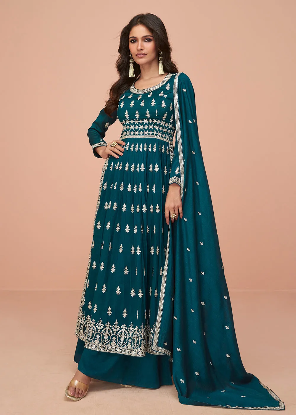 Rama Blue Wedding Wear Silk Trendy Palazzo Suit