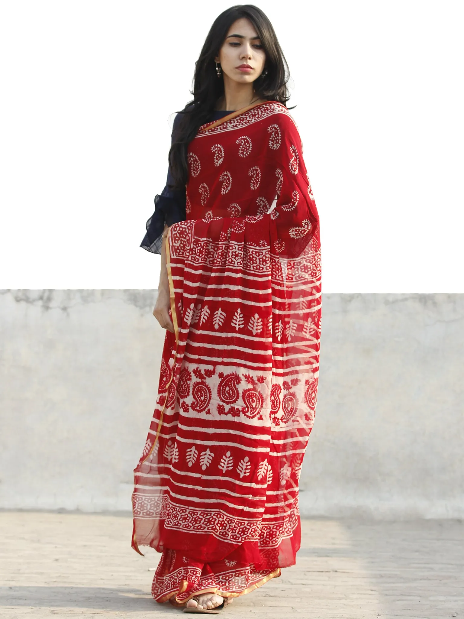 Red and White  Hand Block Printed Chiffon Saree with Zari border- S031702697