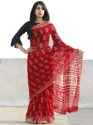 Red and White  Hand Block Printed Chiffon Saree with Zari border- S031702697