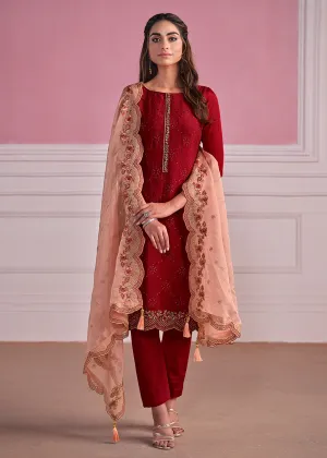 Red Chinnon Chiffon Chikankari Embroidered Wedding Salwar Suit