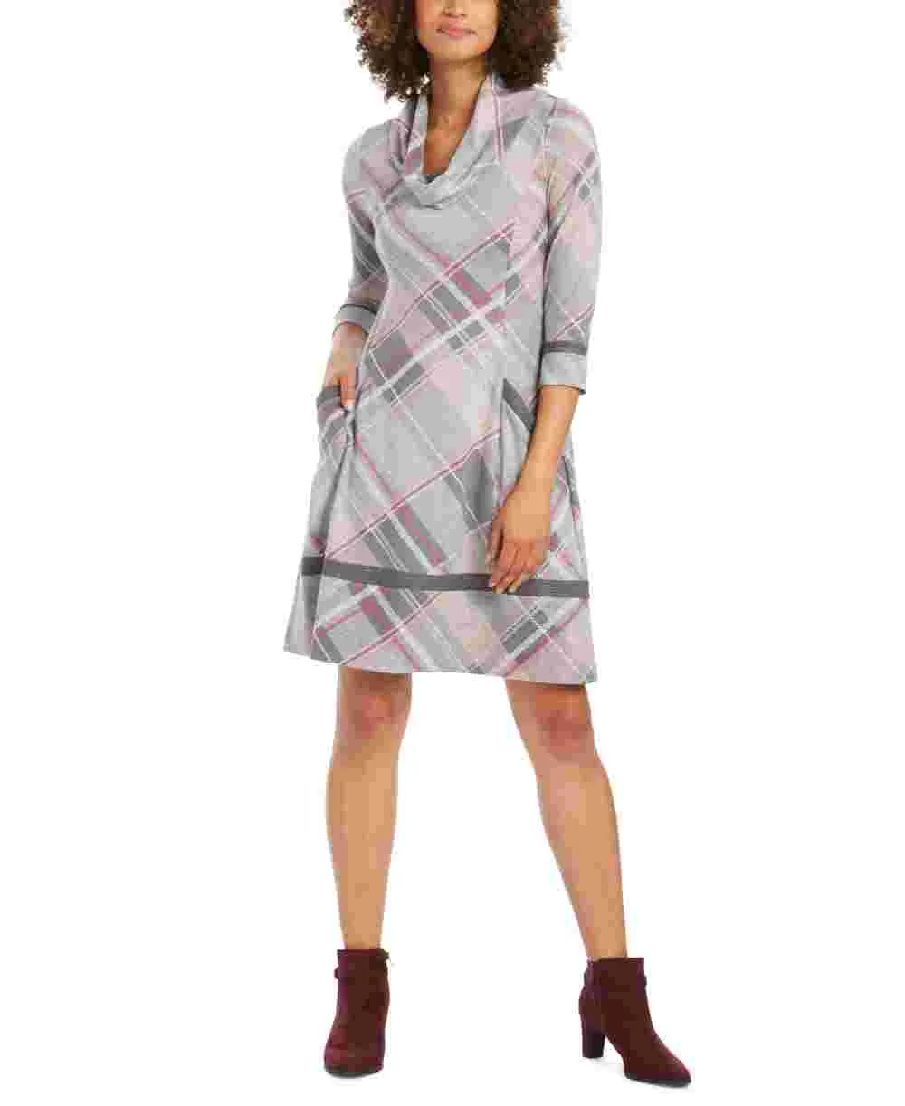 Robbie Bee Women's Plaid 3/4 Sleeve Cowl Neck Above The Knee Sheath Dress Gray Size PM