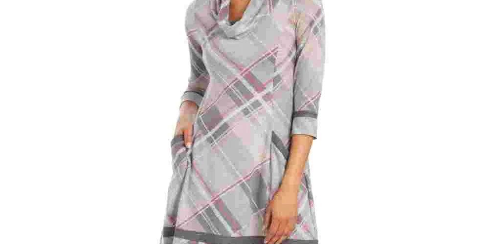 Robbie Bee Women's Plaid 3/4 Sleeve Cowl Neck Above The Knee Sheath Dress Gray Size PM