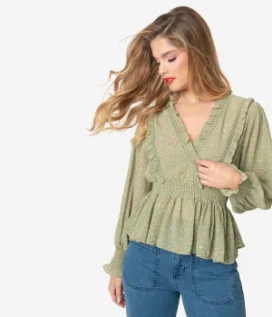 Sage Green Printed Long Sleeve Surplice Blouse