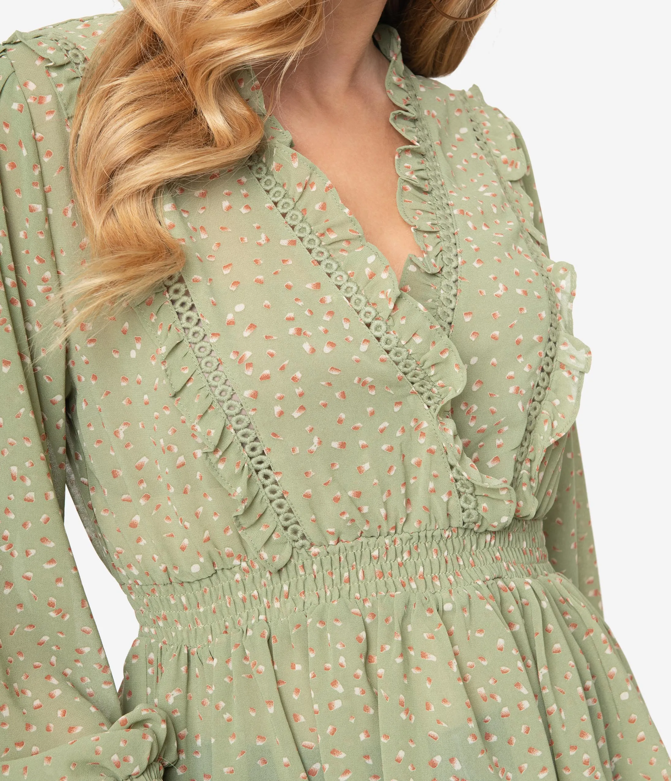 Sage Green Printed Long Sleeve Surplice Blouse