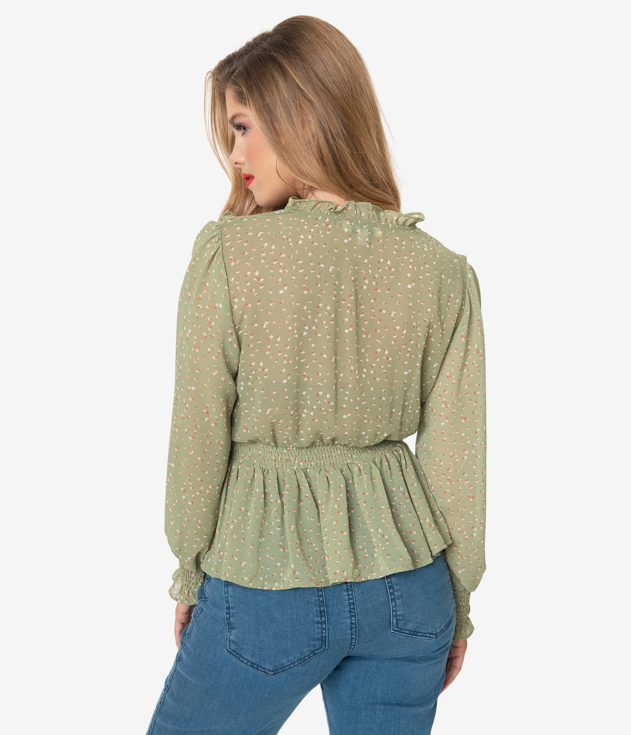 Sage Green Printed Long Sleeve Surplice Blouse