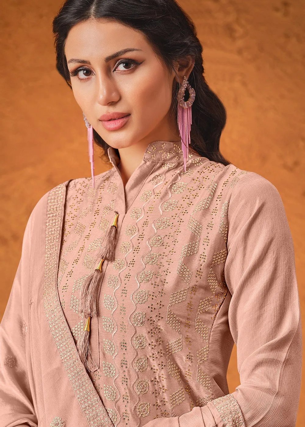 Salmon Peach Chiffon Embroidered Sharara Suit