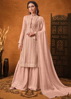 Salmon Peach Chiffon Embroidered Sharara Suit