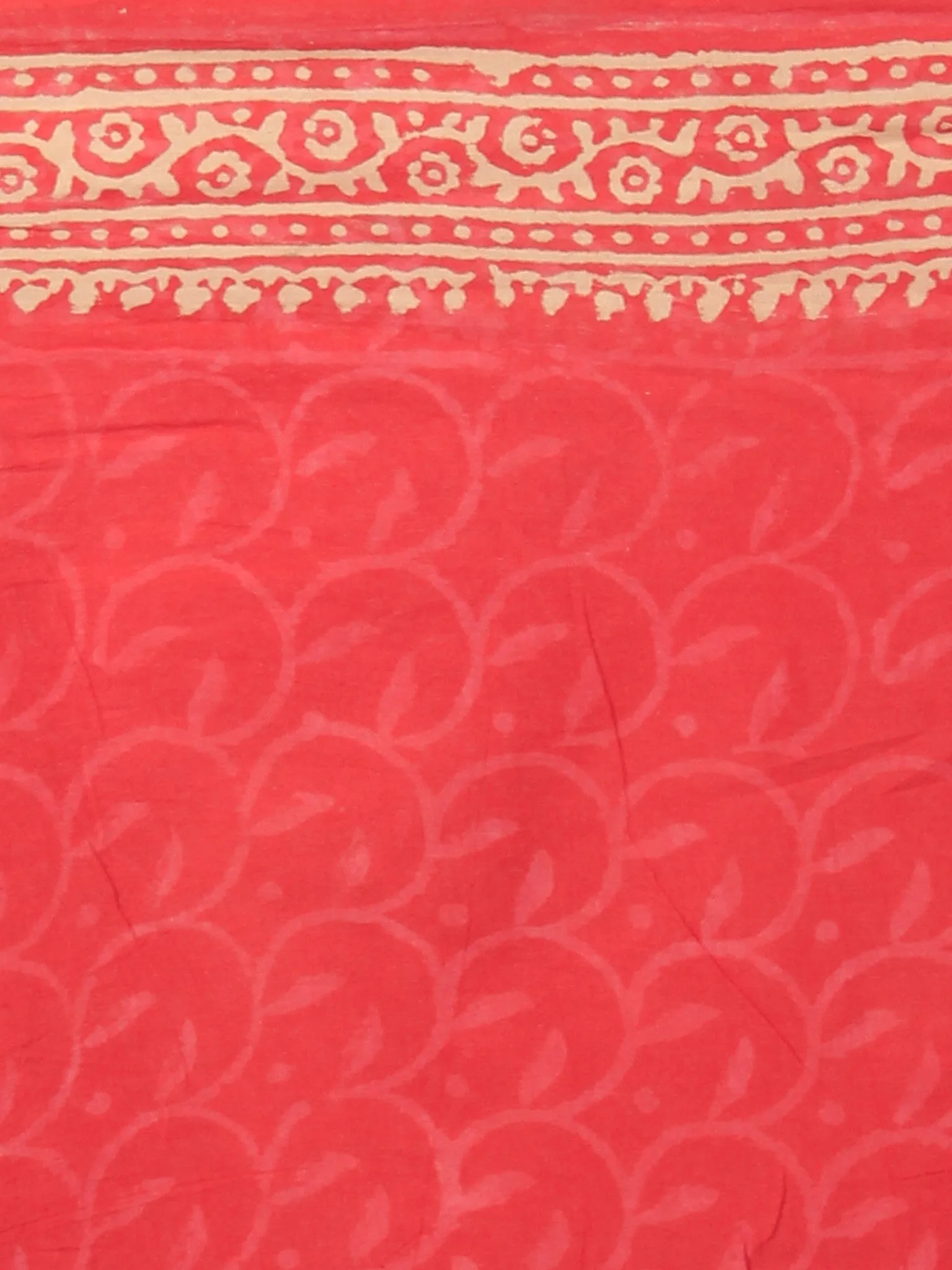 Scarlet Red Pink Beige Hand Block Printed Cotton Saree in Natural Colors - S03170814