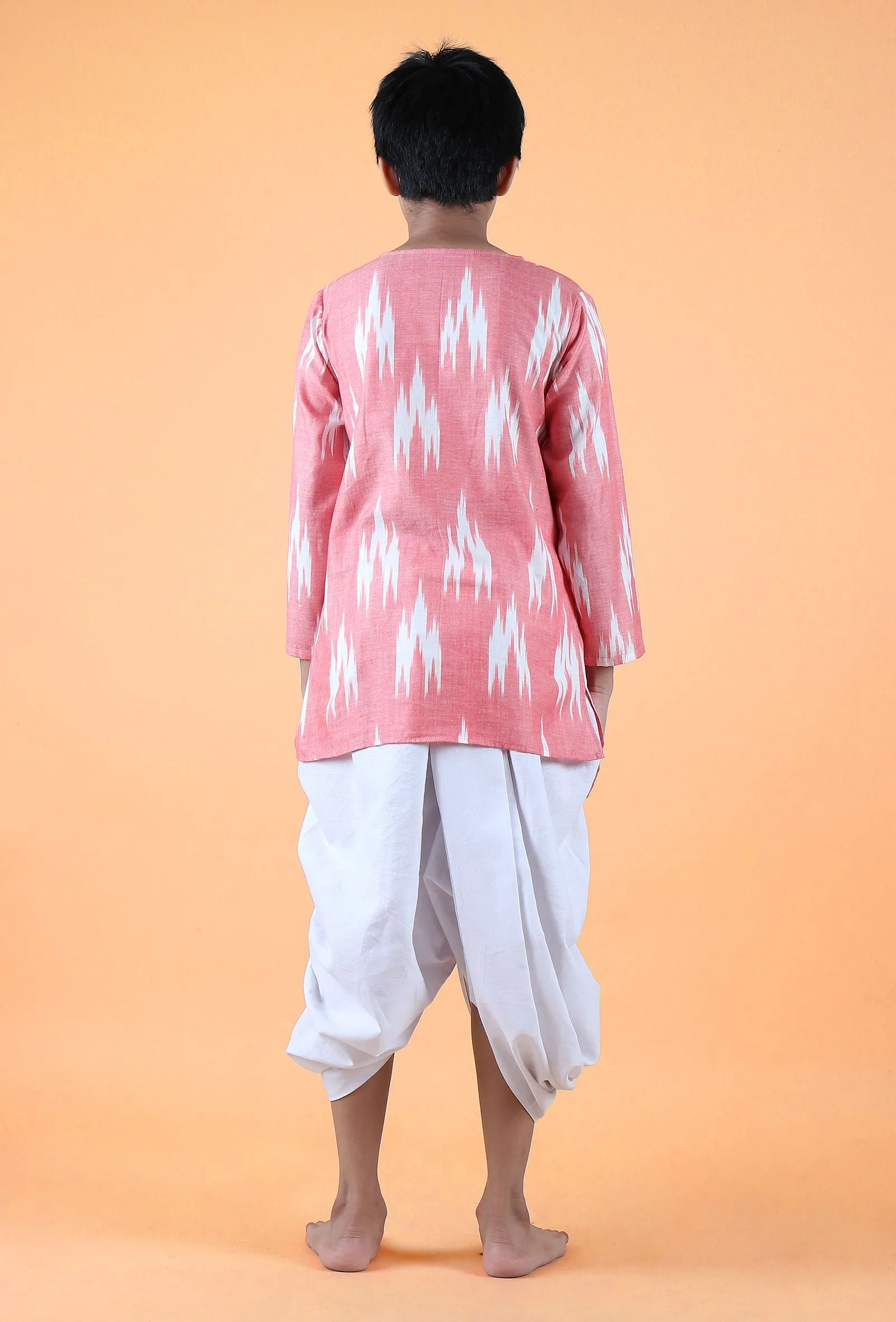 Set Of 2- Pink Ikat Cotton Kurta & White Dhoti Pants