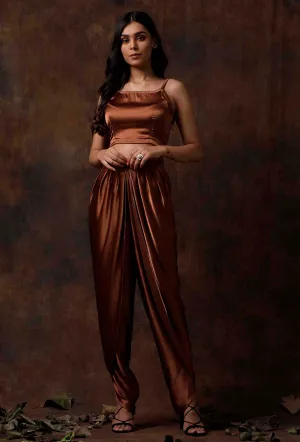 Set of 2 : Russet Brown Satin Slip Blouse and Dhoti