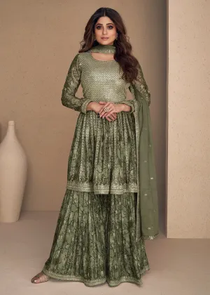 Shamita Shetty Moss Green Chinon Silk Digital Printed Sharara Suit