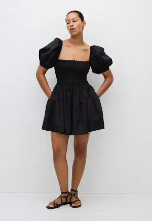 Shirred Peasant Mini Dress - Black