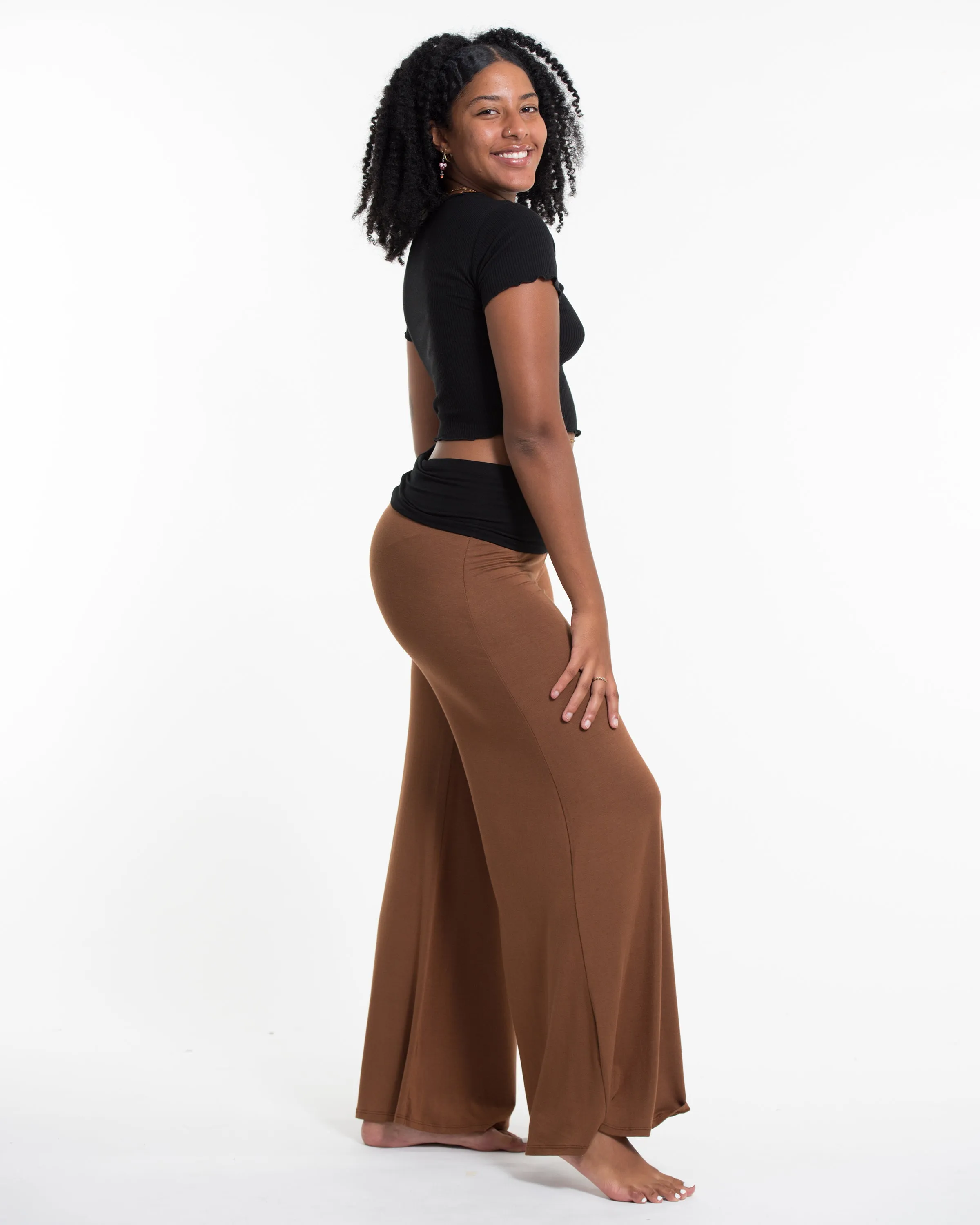 Solid Color Spandex Wide Leg Palazzo Pants in Brown