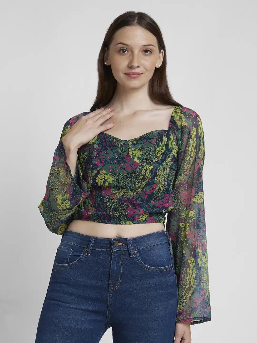 Spykar Women Green Chiffon Slim Fit Full Sleeve V-Neck Printed Crop Top