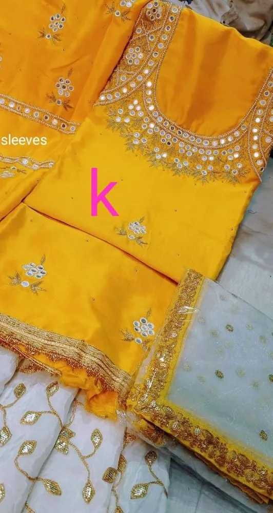 Suit 6381470 Yellow White Silk Gold Zari Salwar Kameez Dupatta Medium Size Suit