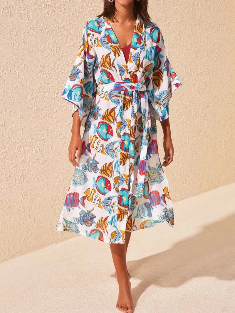 Swimwear Birds, Fish With Leaf Print Blue Color Cotton Long Length Gown Kimono