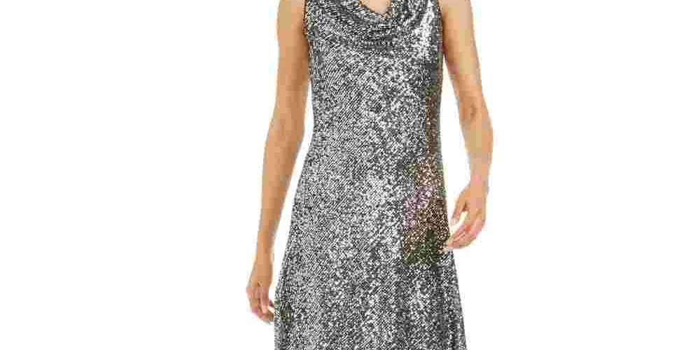 Taylor Women's Cowlneck Sequined Midi Dress Silver Size 16