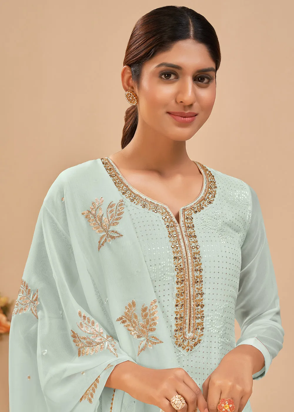 Tempting Light Blue Sequins & Khatli Work Festive Palazzo Suit