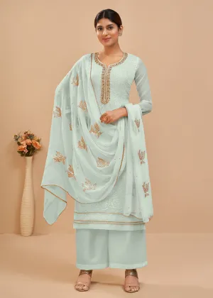 Tempting Light Blue Sequins & Khatli Work Festive Palazzo Suit