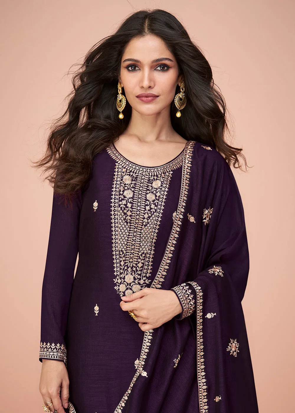 Tempting Purple Silk Embroidered Palazzo Salwar Suit