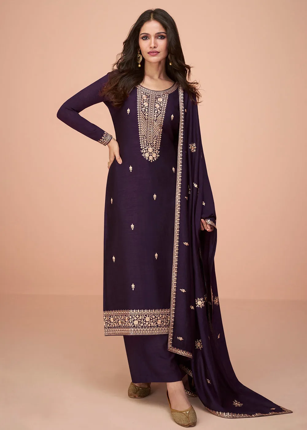 Tempting Purple Silk Embroidered Palazzo Salwar Suit