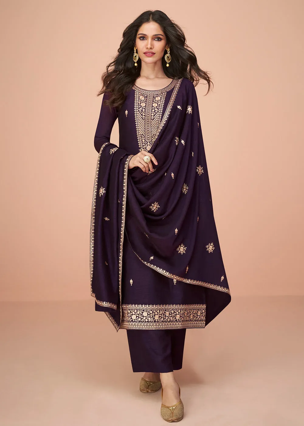 Tempting Purple Silk Embroidered Palazzo Salwar Suit