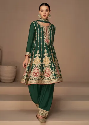 Traditional Look Dark Green Chinon Silk Punjabi Style Suit