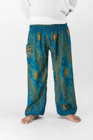 Unisex Peacock Eye Harem Pants in Turquoise