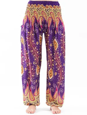 Unisex Peacock Paisley Harem Pants in Purple