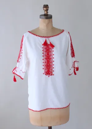 Vintage 1970s Red and White Embroidered Cotton Peasant Shirt