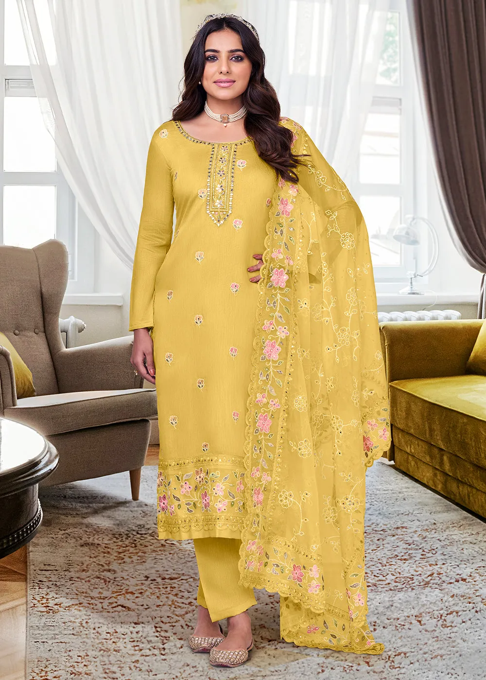 Viscose Silk Stunning Yellow Embroidered Salwar Kameez