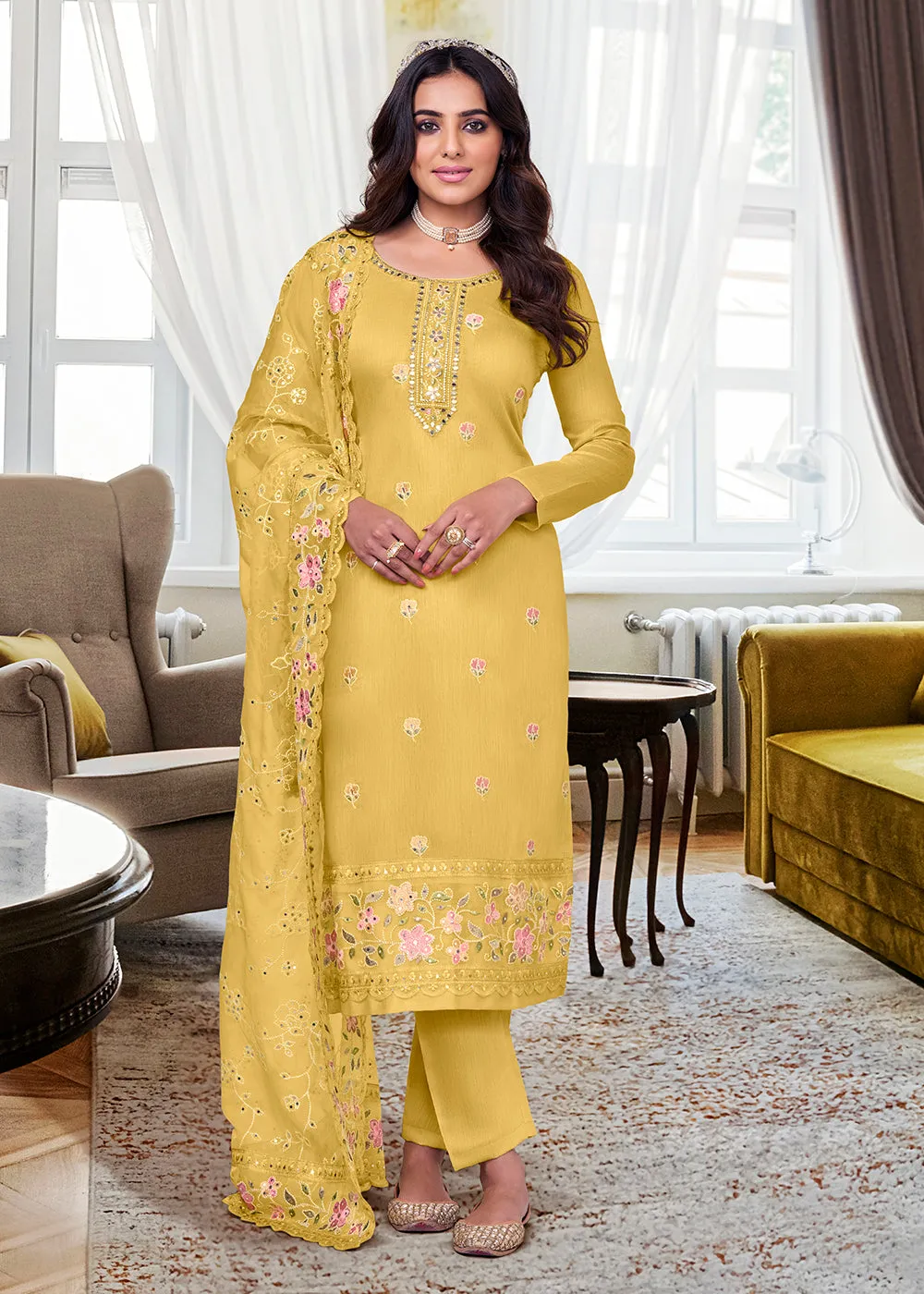 Viscose Silk Stunning Yellow Embroidered Salwar Kameez