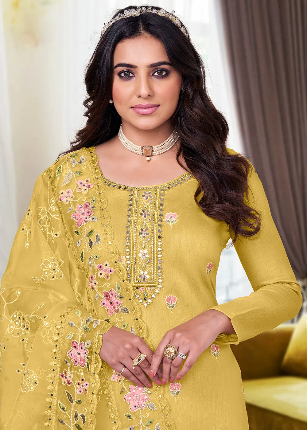 Viscose Silk Stunning Yellow Embroidered Salwar Kameez