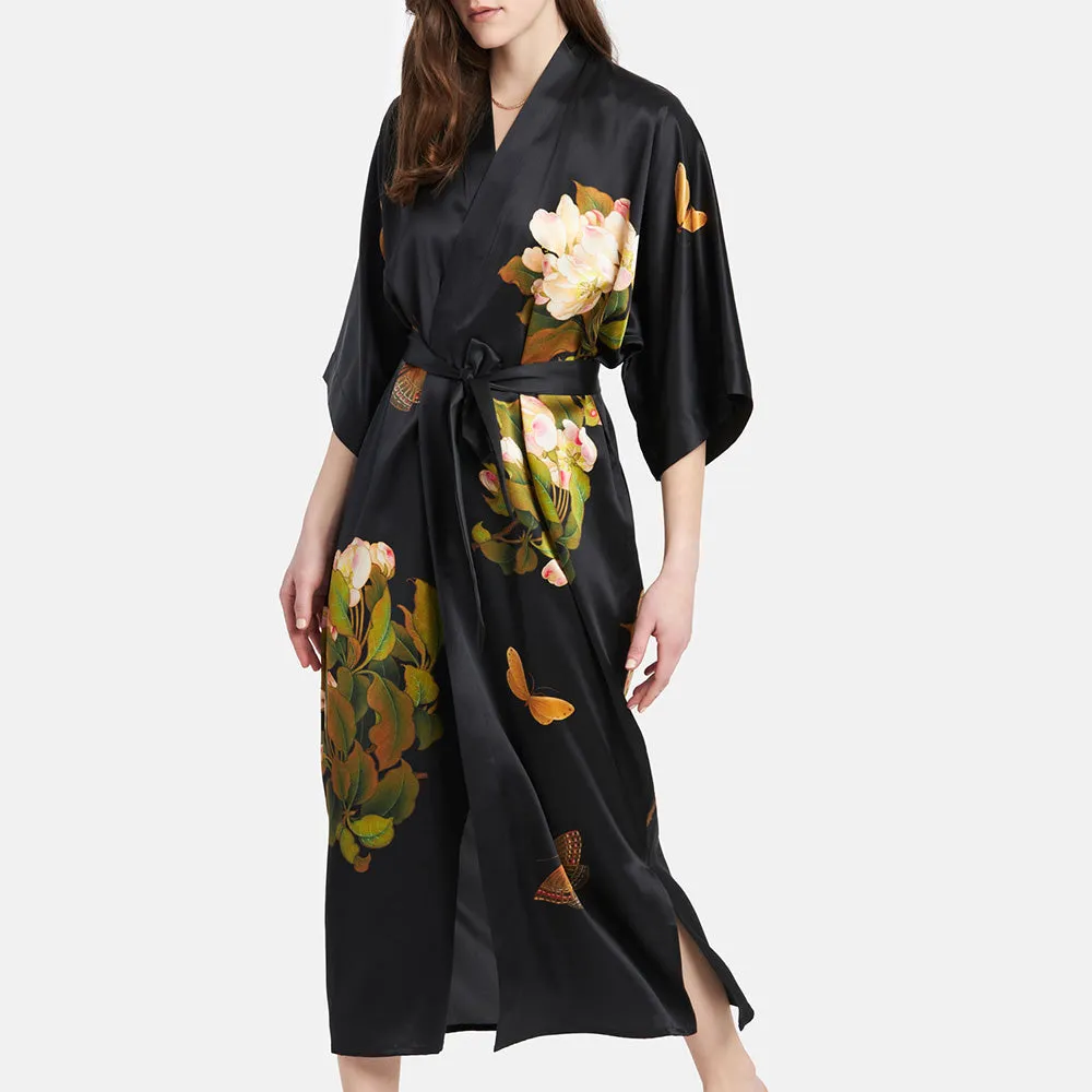 Washable Silk Peony & Butterfly Long Kimono Robe