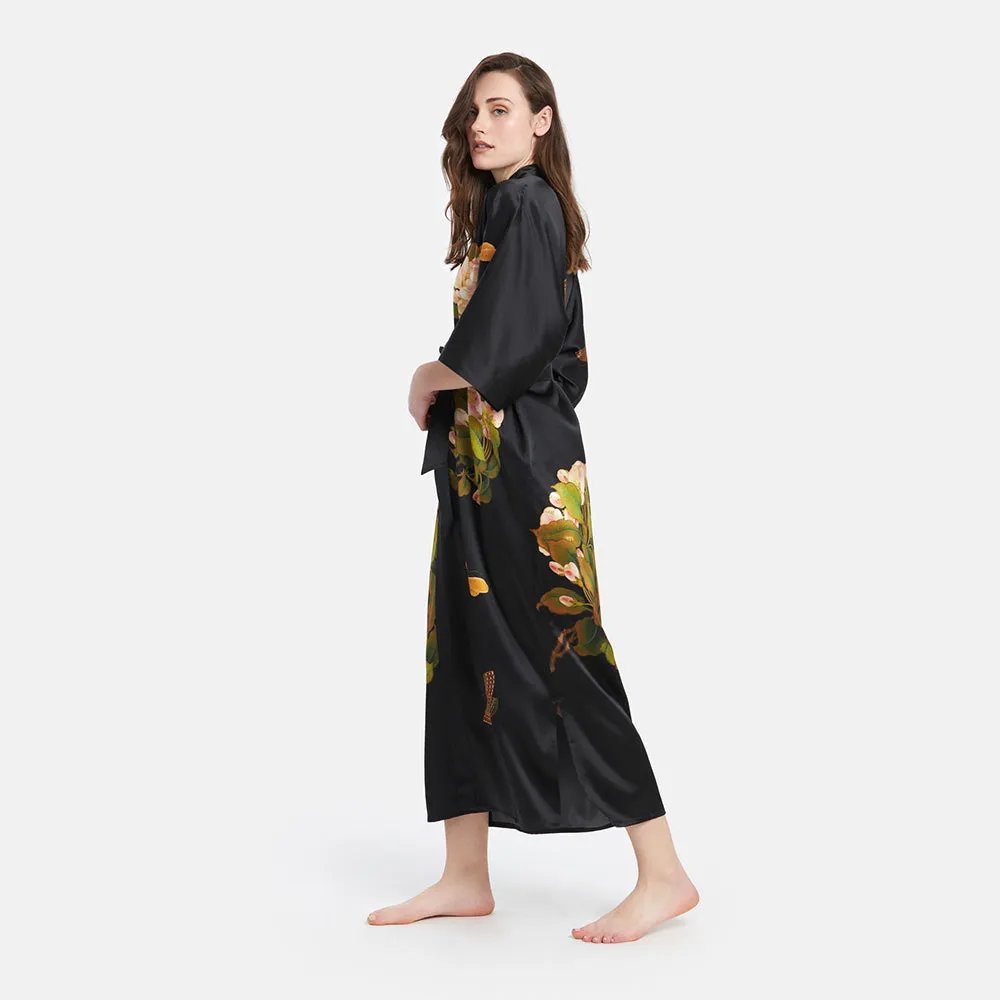 Washable Silk Peony & Butterfly Long Kimono Robe