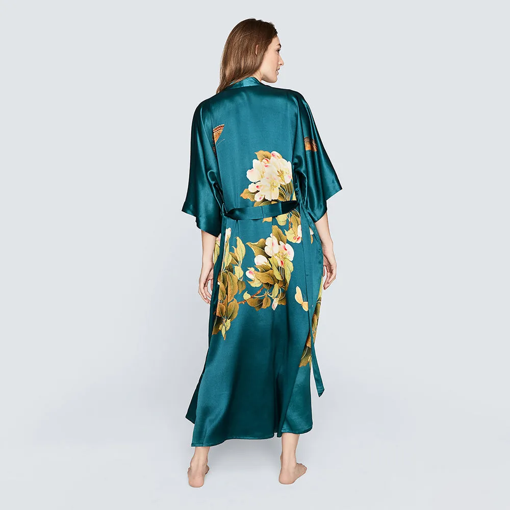 Washable Silk Peony & Butterfly Long Kimono Robe