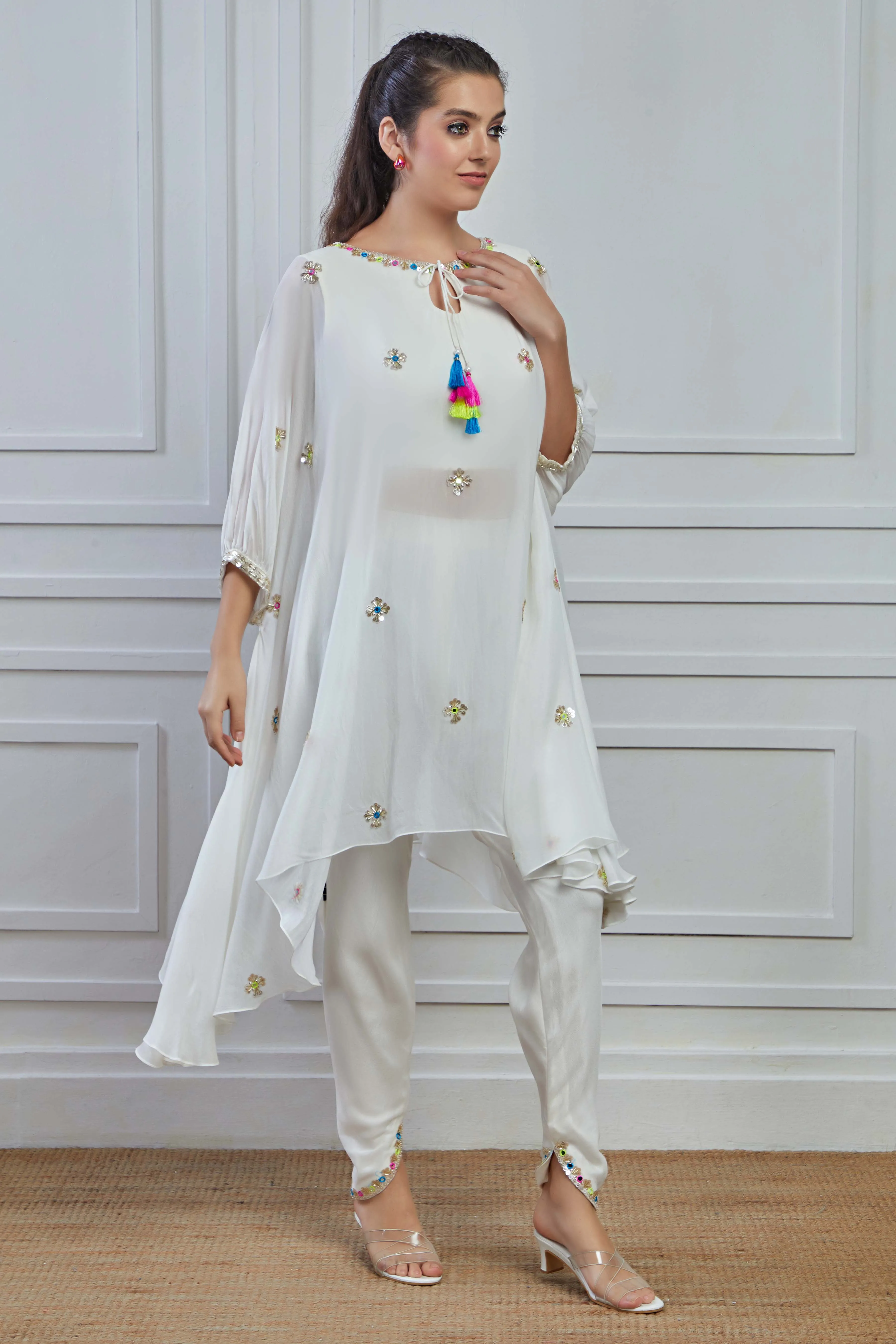 White Embellished Crepe Silk Kurta Dhoti Set