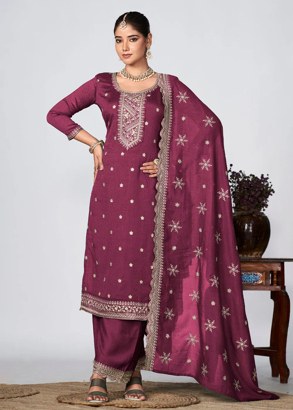 Wine Vichitra Silk Embroidered Wedding Festive Palazzo Suit