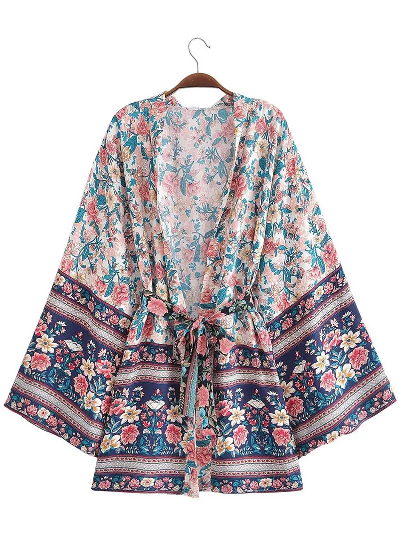 Women's Short Kimono With Floral Print Blue, Pink, & White Color Gown Kimono Robe