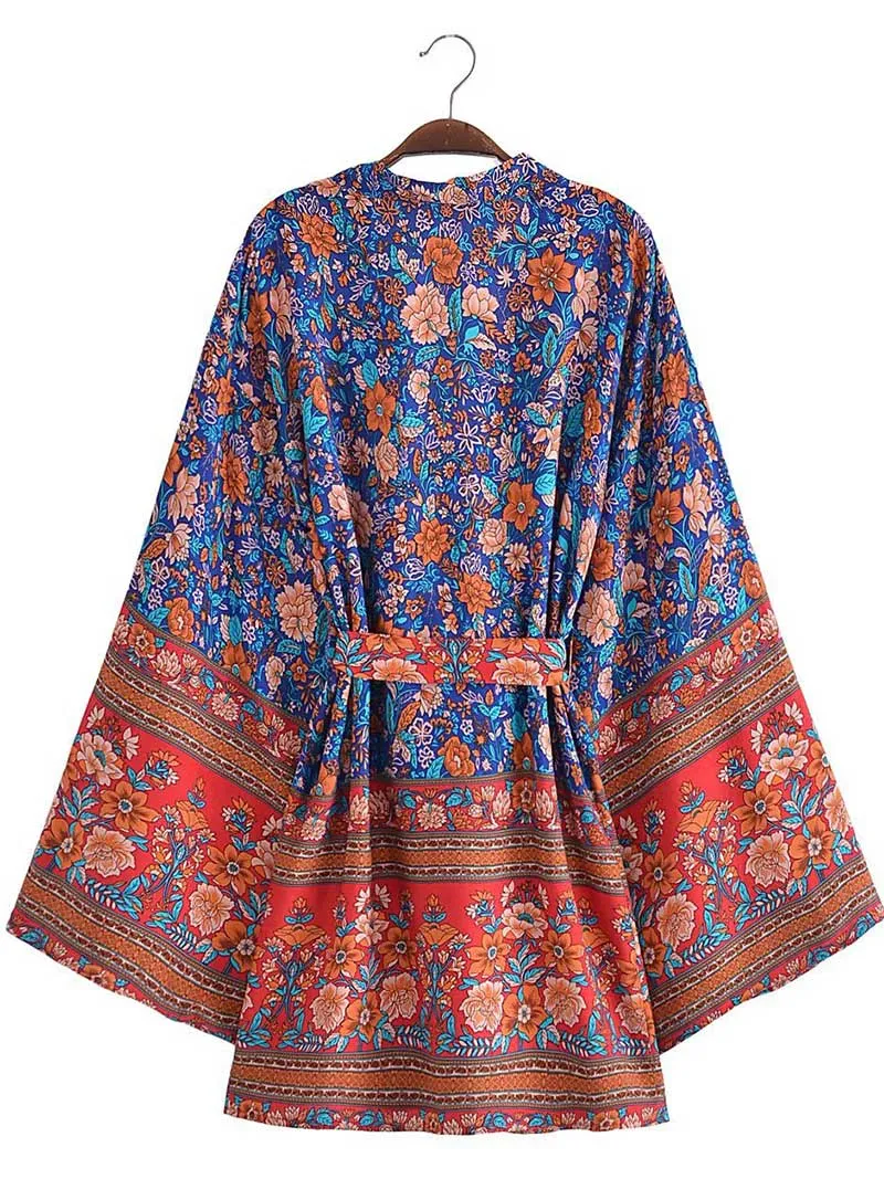 Women's Short Kimono With Floral Print Blue, Pink, & White Color Gown Kimono Robe