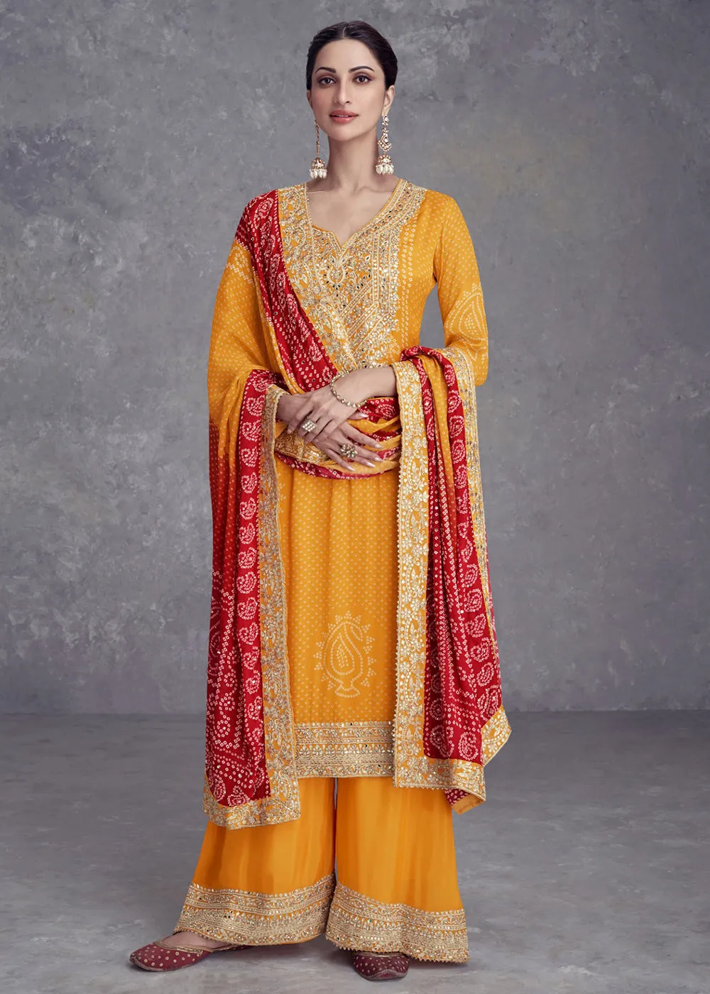 Yellow Embroidered Chinnon Wedding Style Palazzo Suit