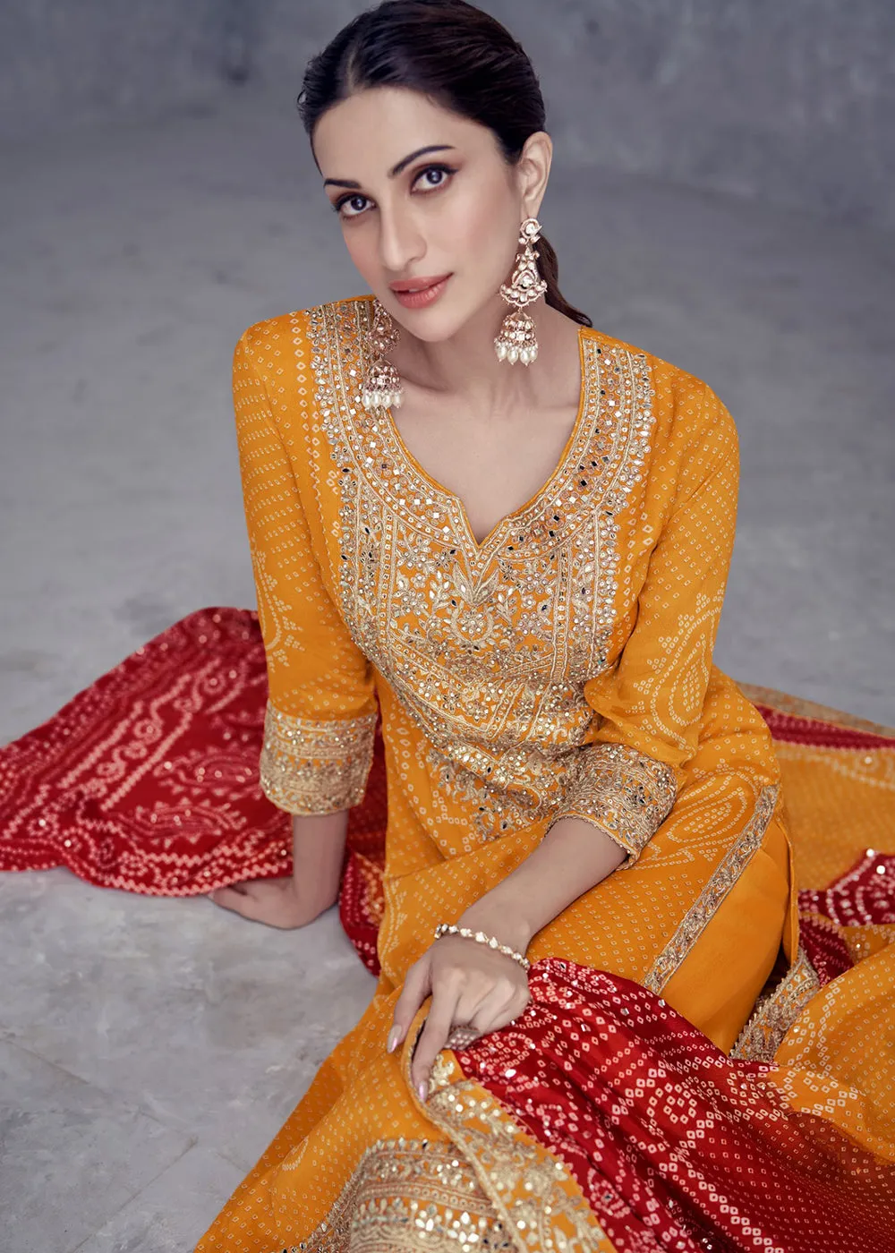 Yellow Embroidered Chinnon Wedding Style Palazzo Suit